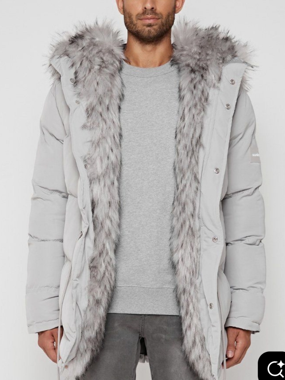 Maniere De Voir Light Gray Longline Oversized Hood Faux Fur Puffer Jacket XS